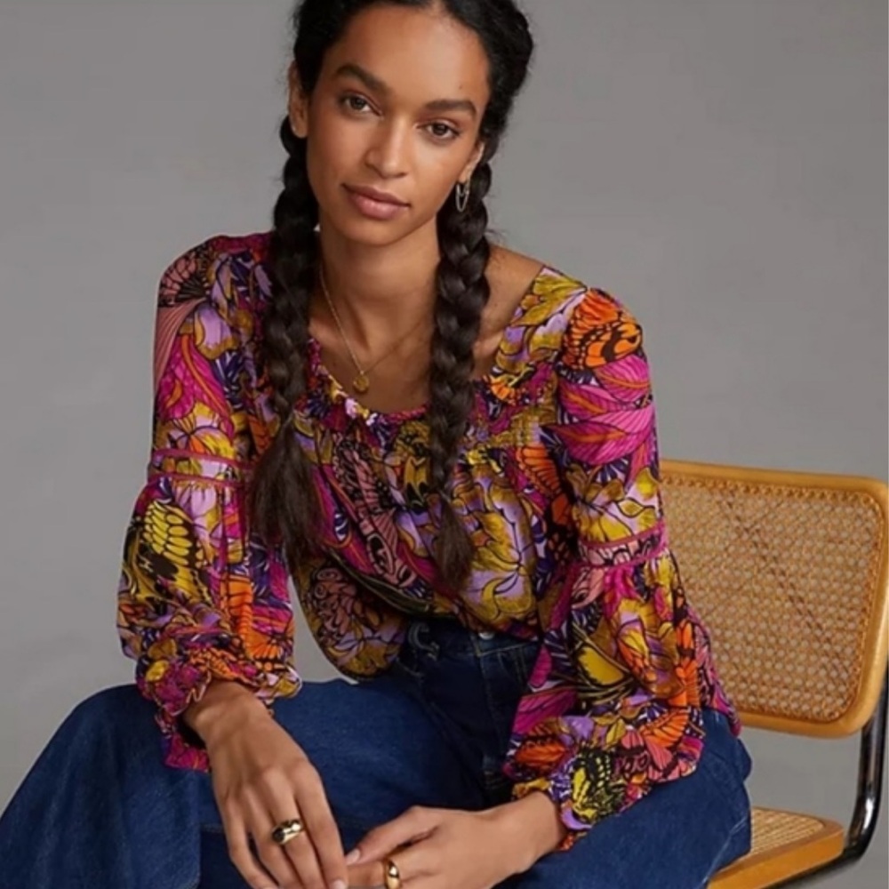 Anthropologie Alexandra Farmer Floral Butterfly Smocked Puff Sleeve Blouse XL - Picture 2 of 10